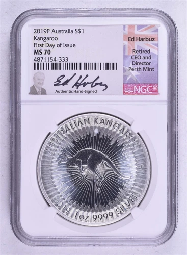 2019P Australia Kangaroo 1 Oz. 0.9999 First Day of Issue NGC MS 70 Hand Signed