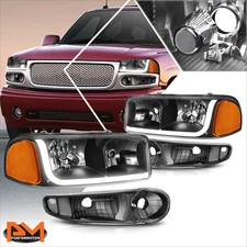 For 01-07 GMC Sierra/Yukon Denail Headlight W/LED DRL Black Housing Amber Side
