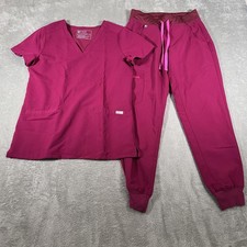 FIGS Tech Scrub Set Womens XS Burgundy V-Neck Casma Top Zamora Jogger Pants
