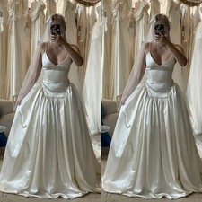 Romantic Wedding Dresses Spaghetti Straps Satin Sweep Train Bridal Gowns