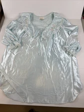 Aria Blue Short Satin Nightgown Size Large Collar Floral Quilted Embroidered