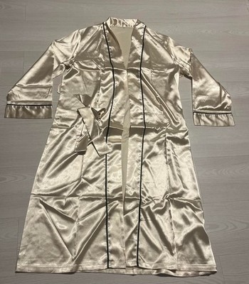 Damen Satin langer Morgenmantel Nachtwäsche groß gelb schwarz Paspeldetail Seide Taille binden