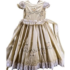 Vintage Style Victorian Girl Gold Doll Dress Embroidered Fabric Orchid 8