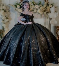 Shiny Sequin Black Quinceanera Dresses With Big Bow Puffy Off Shoulder Vestidos
