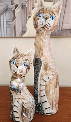 Hand Carved Wooden Folk Art Cats Set of 2 Primitive