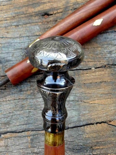 ANTIQUE BRASS VICTORIAN HEAD HANDLE VINTAGE STYLE WOODEN WALKING STICK - Picture 3 of 6