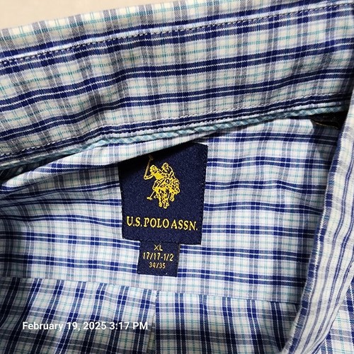 U. S. Polo Assn Button Down Dress Shirt Men's Size XL Blue Plaid Indigo Oxford - Picture 4 of 9