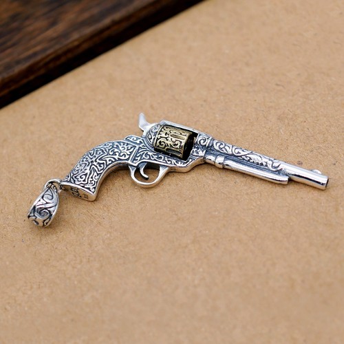 925 Sterling Silver &Brass Vintage Pistol Gun Biker Charm Pendant Jewelry A2548 - Picture 8 of 11
