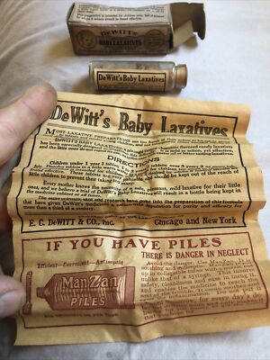 DEWITT'S BABY LAXATIVES LABELED PILL VIAL & ORIGINAL BOX W/ CIRCULAR, Unopened.