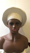 Aso-Oke African Headtie Auto Gele, White Ifeya Women headwear Ready Made Gele