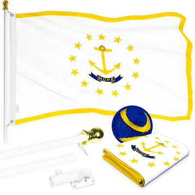 G128 5 Ft Flagpole (White) & Rhode Island Flag 2.5x4 Ft Embroidered 300D Poly