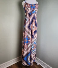 Boho Festival Geometric Floral Elle Maxi Dress Sz M Sleeveless Adjustable Strap 