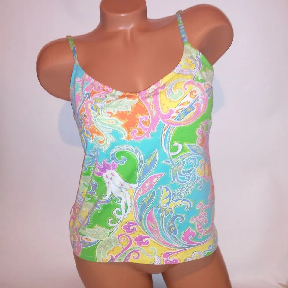 Ralph Lauren Swim Tankini Top Size 14 Green Yellow Pink Paisley Shelf Bra Colorf - Image 2 of 4
