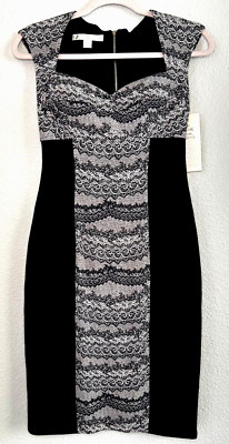 Boston Proper Fitted Dress Black Ivory Lace Print Scuba Stretch Mini Pencil SZ 4