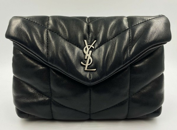 SAINT LAURENT Black Loulou Puffer Small Pouch Chevron Quilted Clutch Bag YSL