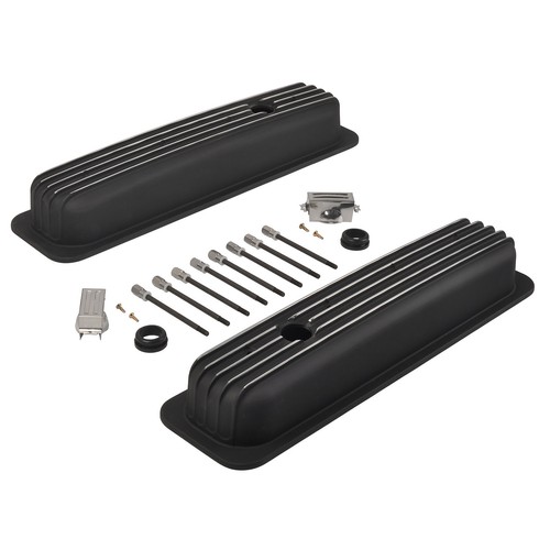 For Small Block Chevy Vortec 5.0 5.7 350 87-97 Black Short Finned Valve Cover - Picture 2 of 8