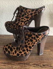 SAM EDELMAN Women's Faye Leather Mules Shoes US 6M Lace Up Animal Print