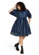 Kika Vargas For Target Mini Dress Large Navy Blue Textured Puff Sleeve NWOT