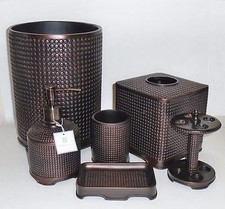 6 PC SET PERI BROWN TEXTURED RESIN SOAP DISPENSER+TRASH CAN+TUMBLER+DISH+TOOTH
