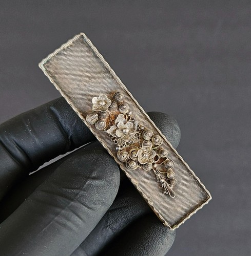 Antica clip per capelli Art Nouveau in argento sterling filigrana e ottone - Foto 6 di 14