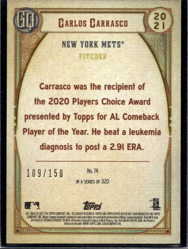 2021 Topps Gypsy Queen Blue Parallel #74 Carlos Carrasco 109/150 - Picture 2 of 2