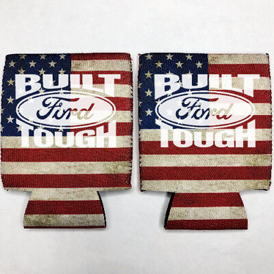 2 Ford Built Tough Fan Beer Can Cooler Coozie Koozie USA Flag Gift QTY 2