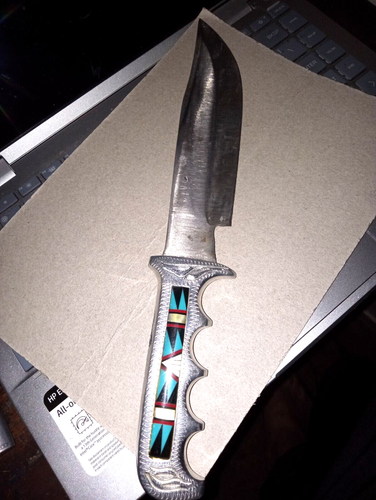 Indian Hunting /Vintage Bowie Knife Inlaid Turquoise and Sheath - Picture 20 of 21