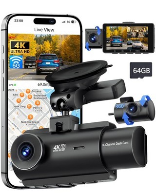 4K Dash Cam 3 Channel WiFi GPS Front Rear Inside Night Vision