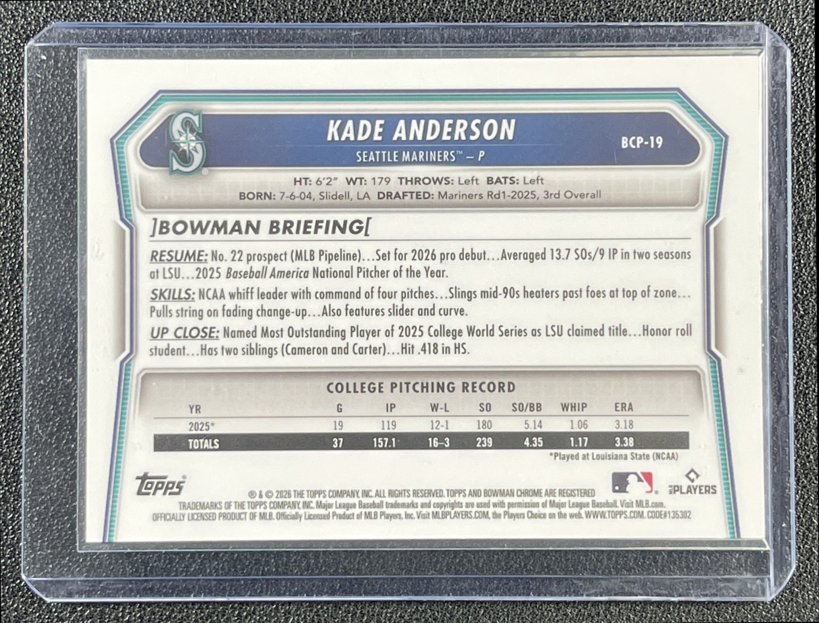 KADE ANDERSON 2026 BOWMAN CHROME #BCP-19 PROSPECT REPTILIAN RED REFRACTOR 2/5 view 2