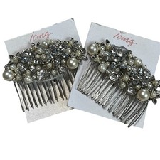New Hair Combs Set Silver Tone Faux Pearl Rhinestones Pair Bridal Prom