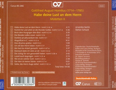 SIRVENTES BERLIN / STEFAN SCHUCK GOTTFRIED AUGUST HOMILIUS: HABE DEINE LUST AN D
