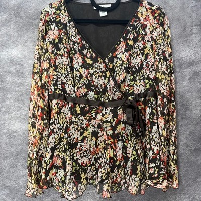 Y2K Nine West Babydoll Faux Wrap Top Womens 12 100% Silk Floral Fairy Grunge
