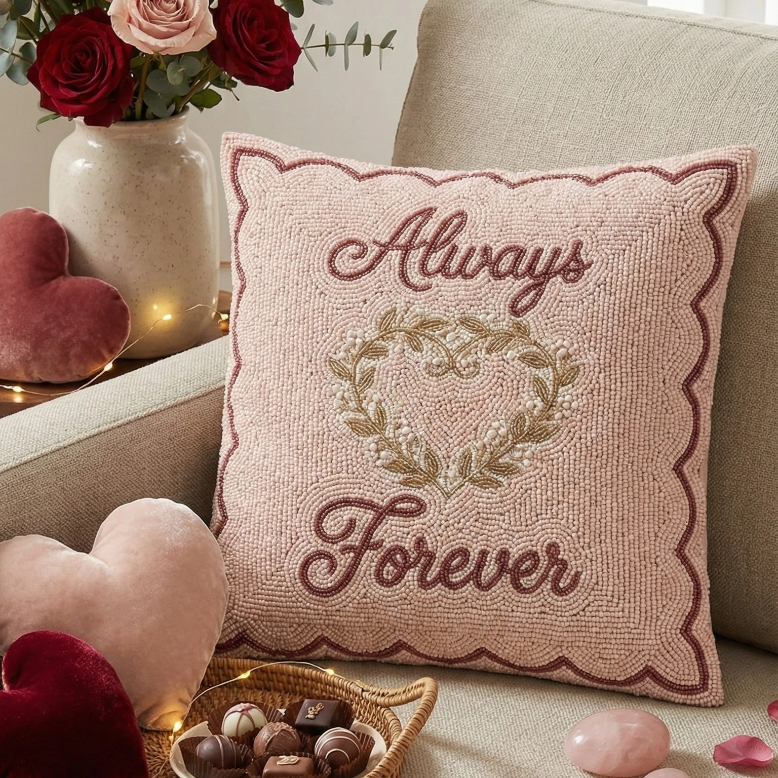 Hand Beaded "Always Forever" Pink Anniversary Decorative Throw Pillow (16x16,
Opens in a new window