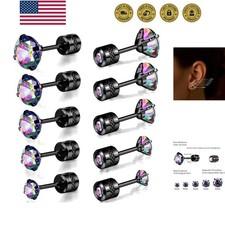 5 Pairs 316L Stainless Steel Screw Flat Back Earrings Cubic Zirconia Stud Ear...