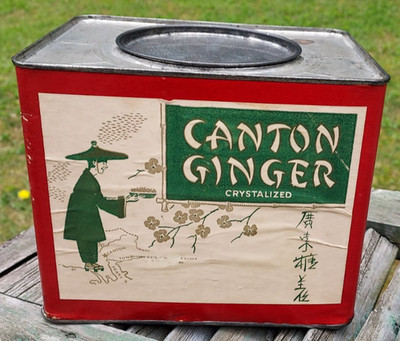Old Empty Advertising Tin Canton Crystalized Ginger Oriental Garden Theme Map