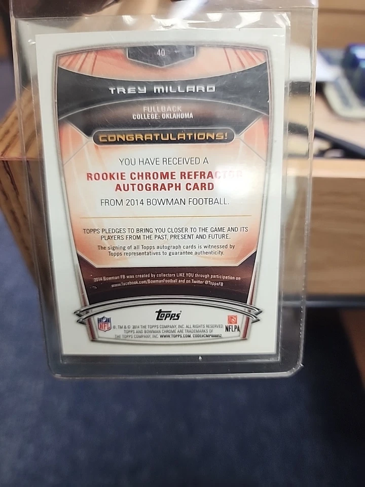 2014 Bowman - Rookie Chrome Refractor Autograph Trey Millard #40 (AU, RC) - Image 2 of 2