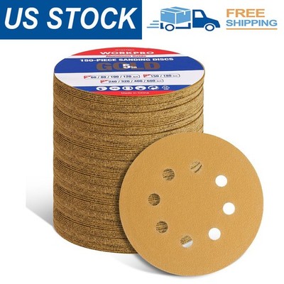 WORKPRO 150Pcs Sanding Discs Set 5'' 8 Holes Hook Sandpaper 60-600 Assorted Grits
