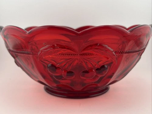 Mosser Ohio Cherry & Cable Ruby Red Low Footed Round Bowl 8 3/4” GLOWS