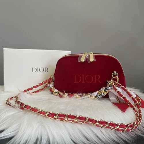 DIOR Sac à Main Maquillage Velours Rouge avec Chaîne Sac à Main Pochette Sac Bandoulière NEUF