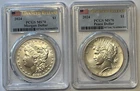2024 MORGAN & PEACE SILVER DOLLAR SET PCGS MS70 ADVANCED RELEASE FLAG LABEL 🇺🇸