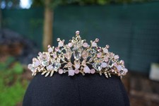 Pink Gold woodland Tiara Bridal crown Crystal Birthday Wedding Gift Diadem
