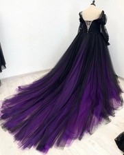 Gothic Black and Purple Wedding Lace Appliques Long Sleeves A-Line Bridal Gown
