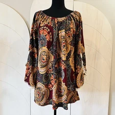 Win Win Womens Tunic Lace Trim Sleeve Blouse Size L-XL Brown