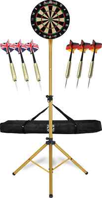 Dartscheibe Sisal Dartboard 6 Steeldart Pfeile Stativ Ständer Gold Tasche Set