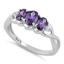 Sterling Silver Triple Oval Amethyst Cubic Zirconia Dress Ring Friendship Ladies
