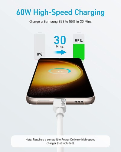 Anker 10ft USB C to USB C Charging Cable 60W/3A Fast Charge for Galaxy S23/iPad - Picture 2 of 5