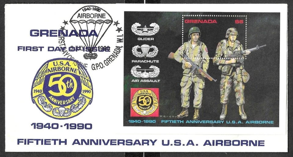 GRENADA - 3 x FIRST DAY COVERS - 50th ANNIV U.S.A. AIRBORNE 1940-1990 - 3/7/1990 - Image 2 of 3