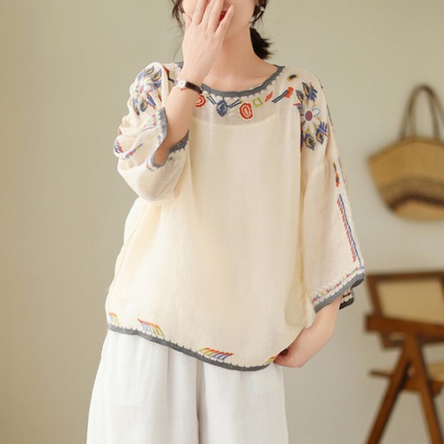 Women Floral Blouse T Shirt Embroidery Edge Raglan Sleeve Loose Tops Ethnic - Picture 6 of 17