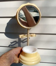 VINTAGE ANTIQUE SHAVING MIRROR WITH MILK GLASS CUP PRIMITIVE RETRO DECO