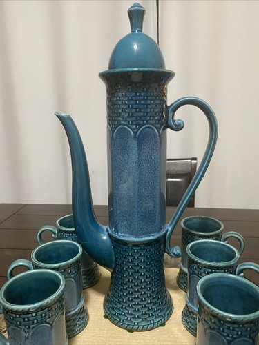 Vintage Norleans JAPAN Coffee Tea Set w/6 Cups Tall Urn w/Lid Blue MCM Woven - Picture 8 of 24